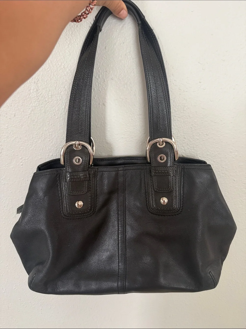 Classic Black Leather Hobo Tote with Silver Accents